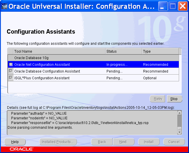 basic database installation: fifth screen