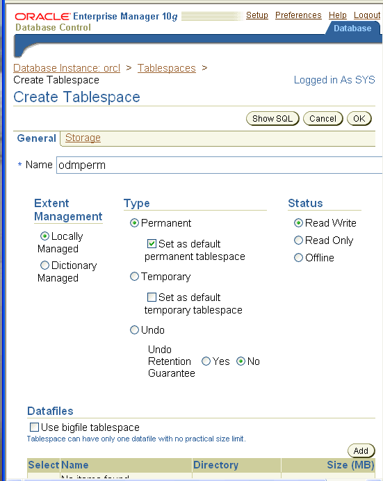 Enterprise Manager: create tablespace