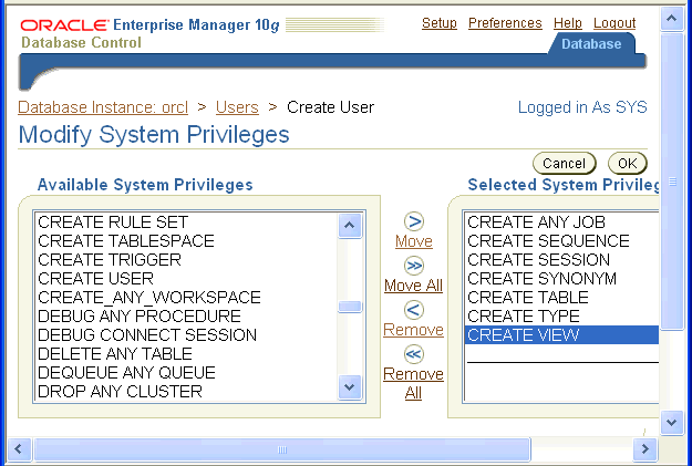 Enterprise Manager: select system privileges for user