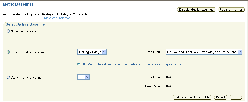 This is the Enterprise Manager Metric Baselines page.