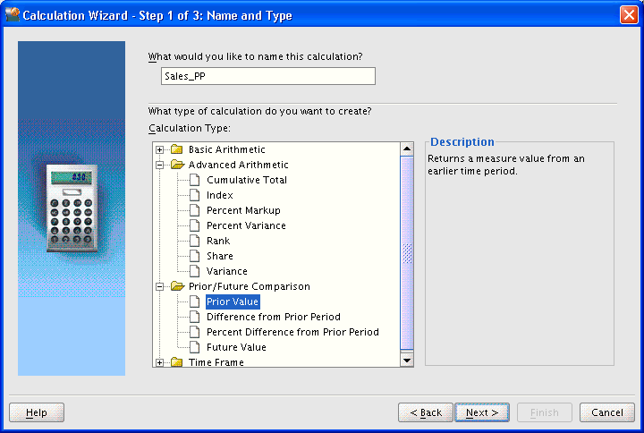 Calculation Wizard - Name and Type page