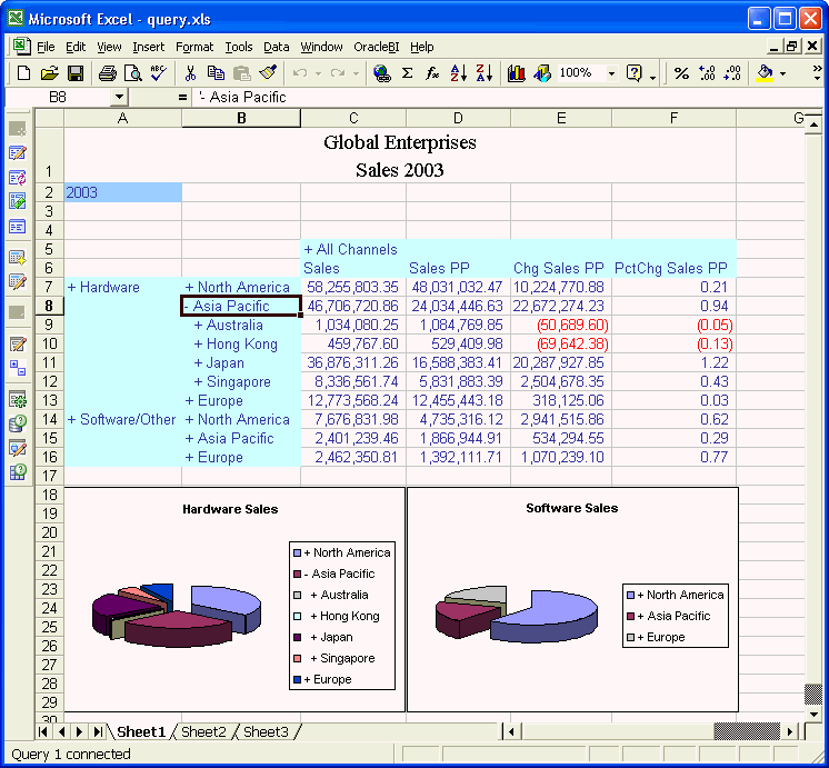 Formatted Global Sales Data with Pie Charts and Drilling