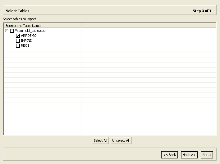 Select Tables screen used to select required tables